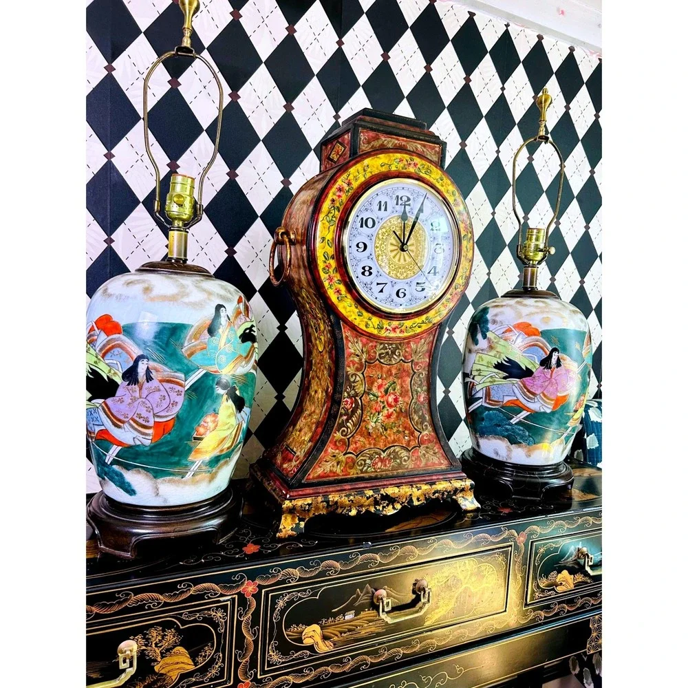 Oversized 2ft Tall Italian Florentine Style Mantel Clock Hand Painted